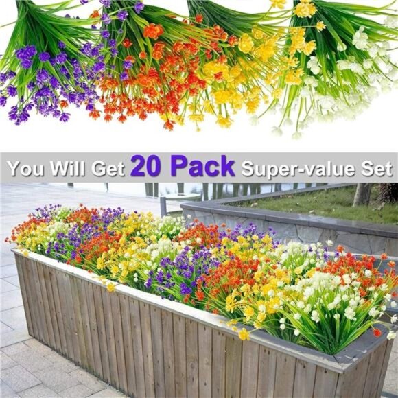 Artificial Flowers 20 Bundles Outdoor UV Resistant Plants Porch Garden Decor - Picture 3 of 7